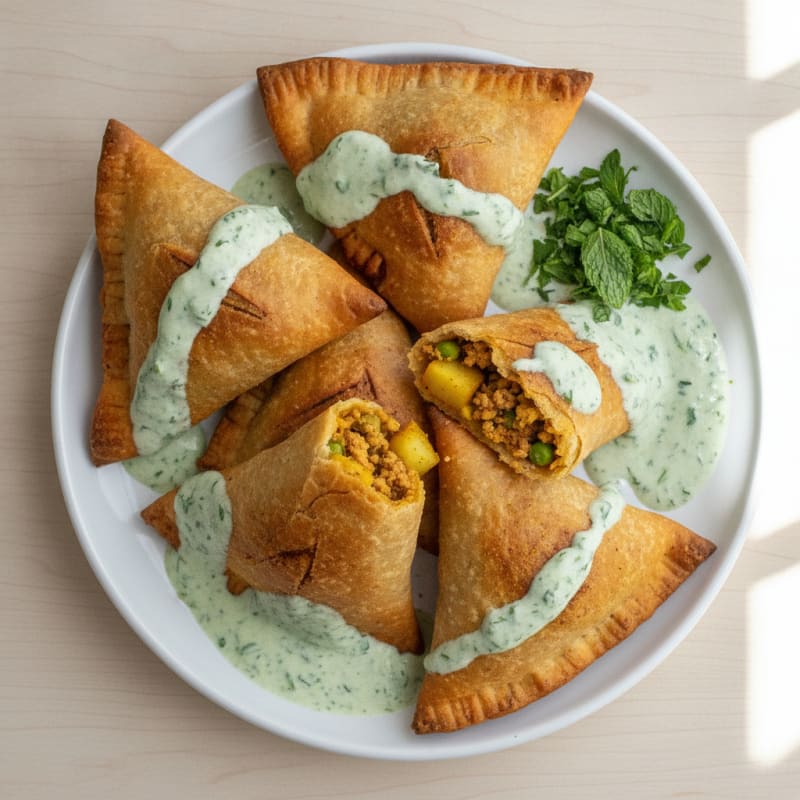 Spiced Turkey and Potato Samosas with Mint Chutney