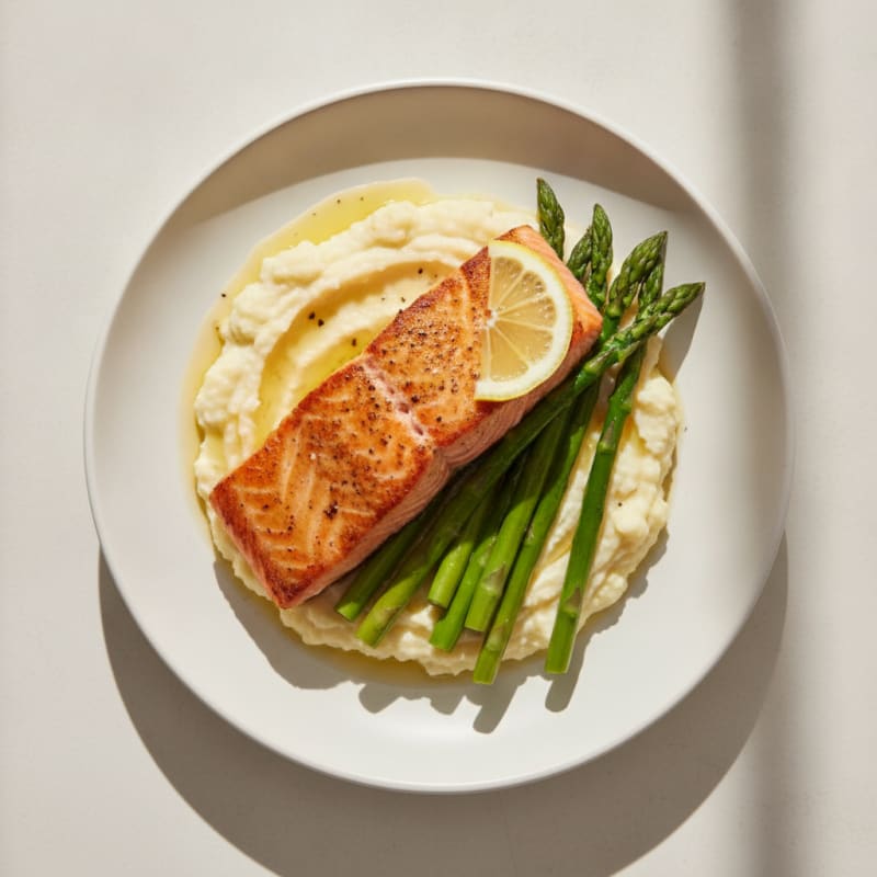 Seared Salmon with Steamed Asparagus and Cauliflower Mash