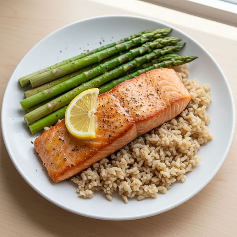 Seared Salmon Fillet with Steamed Asparagus and Brown Rice