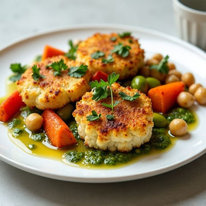 Crispy Cauliflower Steaks with Zesty Chimichurri and Roasted Root Vegetables