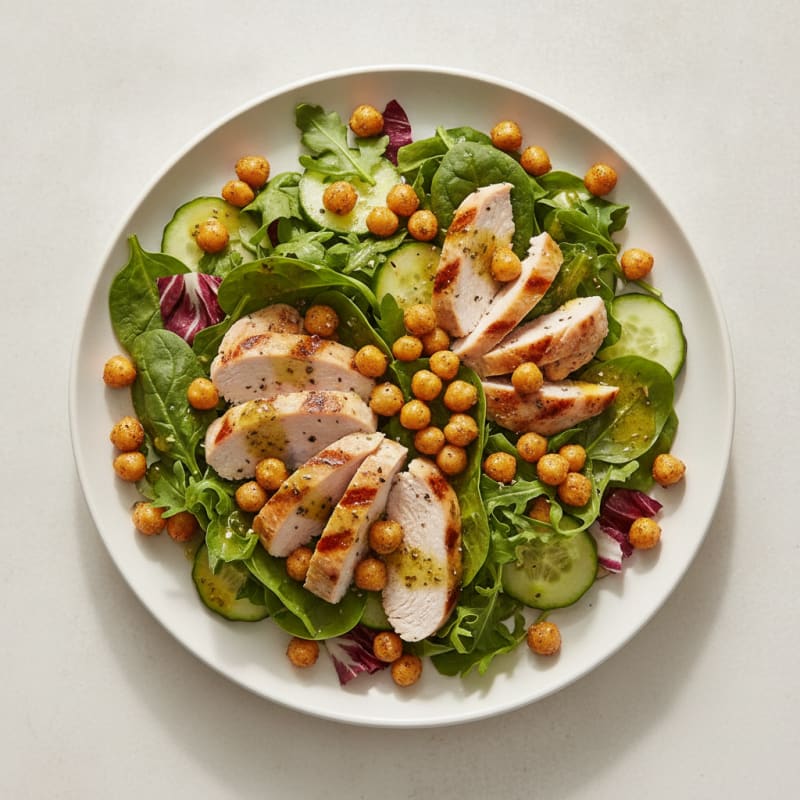 Grilled Turkey Breast Salad with Crunchy Chickpeas and Mixed Greens
