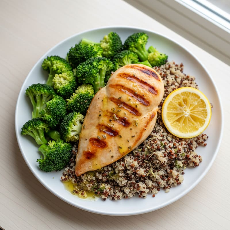 Grilled Chicken Breast with Quinoa and Steamed Broccoli