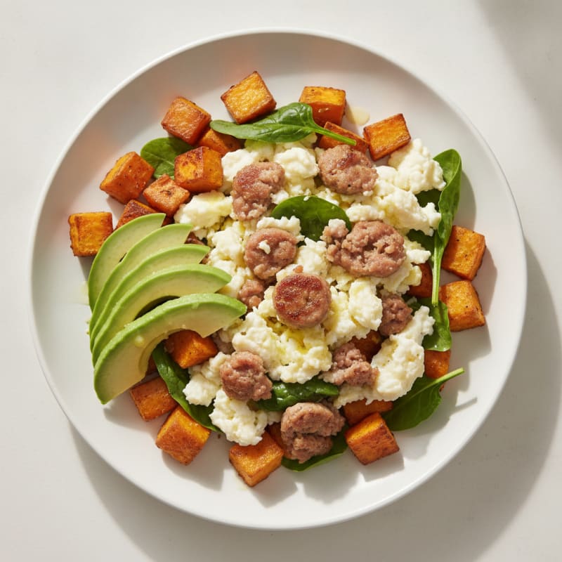 Egg White and Turkey Sausage Scramble with Roasted Sweet Potatoes