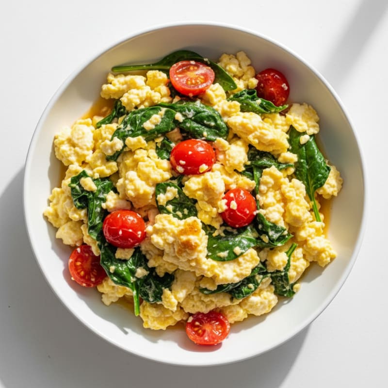 Cottage Cheese Egg Scramble with Spinach and Cherry Tomatoes