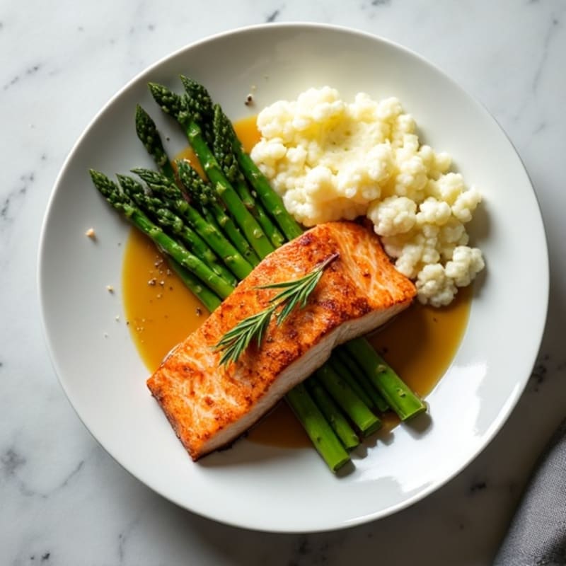 Seared Salmon with Steamed Asparagus and Garlic Mashed Cauliflower