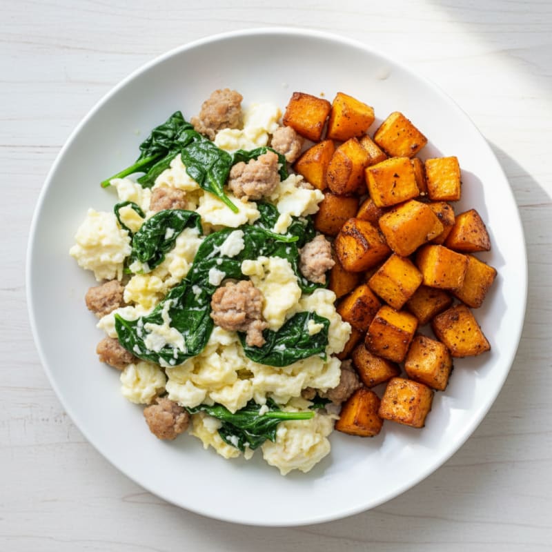 Egg White and Turkey Sausage Scramble with Spinach and Roasted Sweet Potatoes