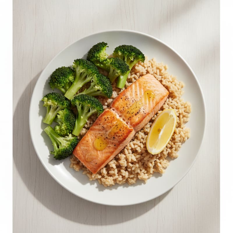 Seared Salmon with Steamed Broccoli and Brown Rice