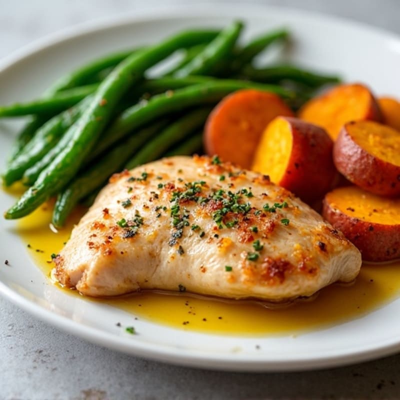 Roasted Chicken Breast with Crispy Sweet Potatoes and Fresh Green Beans