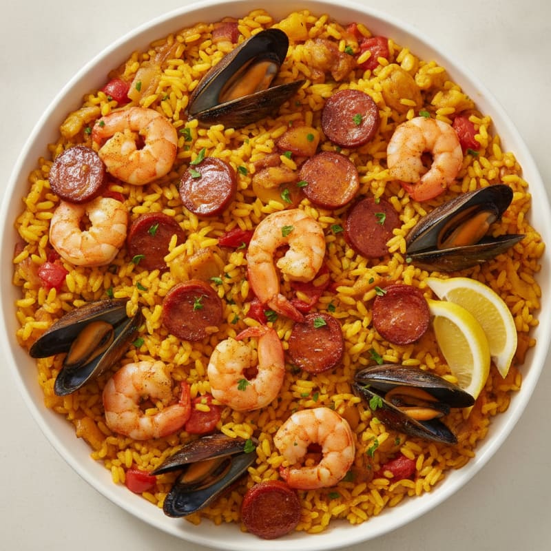 Saffron Seafood Paella with Chorizo