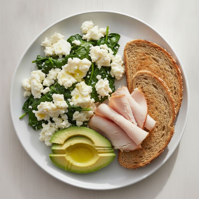 Egg White Spinach Scramble with Cottage Cheese and Sliced Turkey