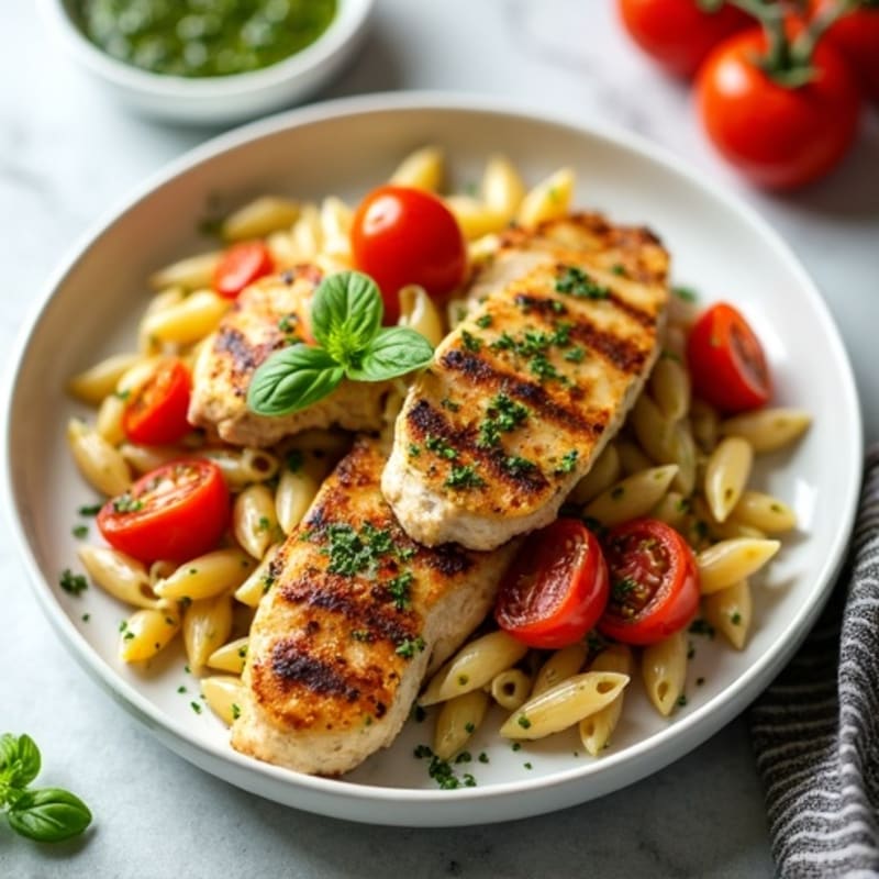 Pesto Chicken Whole Wheat Pasta with Roasted Cherry Tomatoes