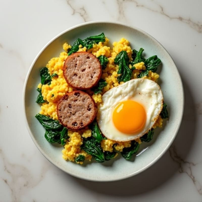 Egg White and Turkey Sausage Scramble with Sautéed Spinach