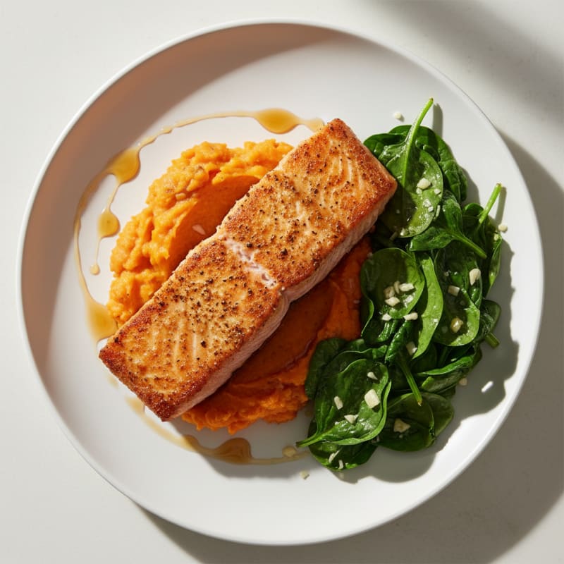 Seared Salmon with Garlic Spinach and Sweet Potato Mash