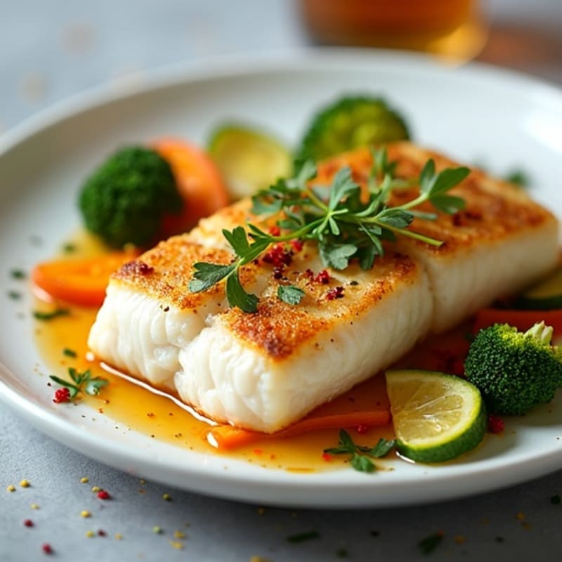 Seared White Fish with Steamed Vegetables and Herb Vinaigrette