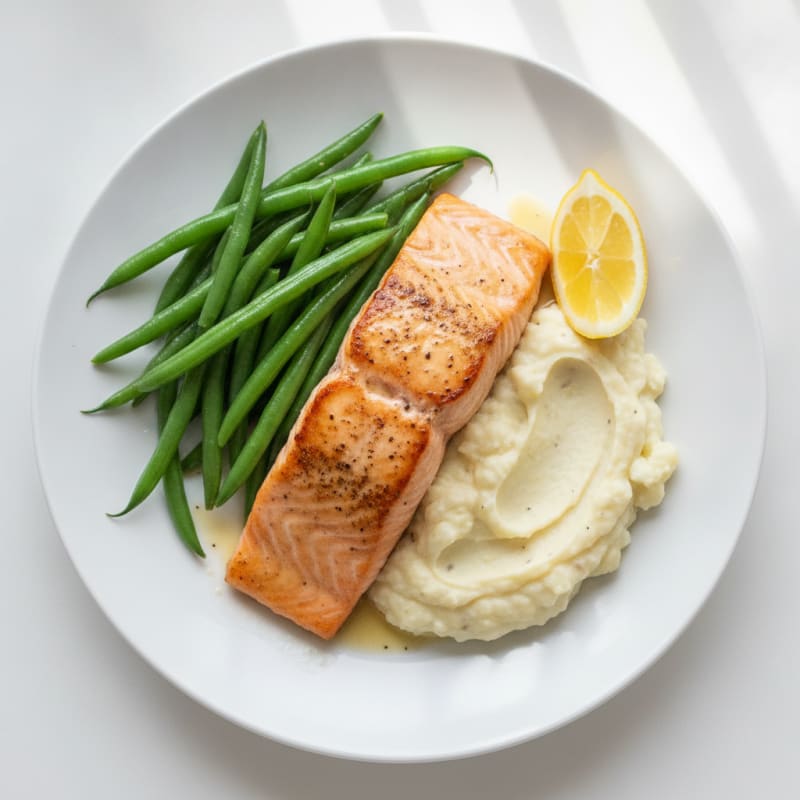 Seared Salmon with Steamed Green Beans and Garlic Mashed Cauliflower