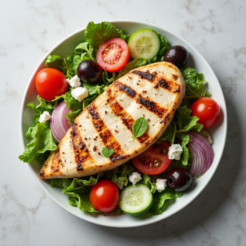 Grilled Lemon Herb Chicken Salad with Feta, Olives, and Crisp Vegetables