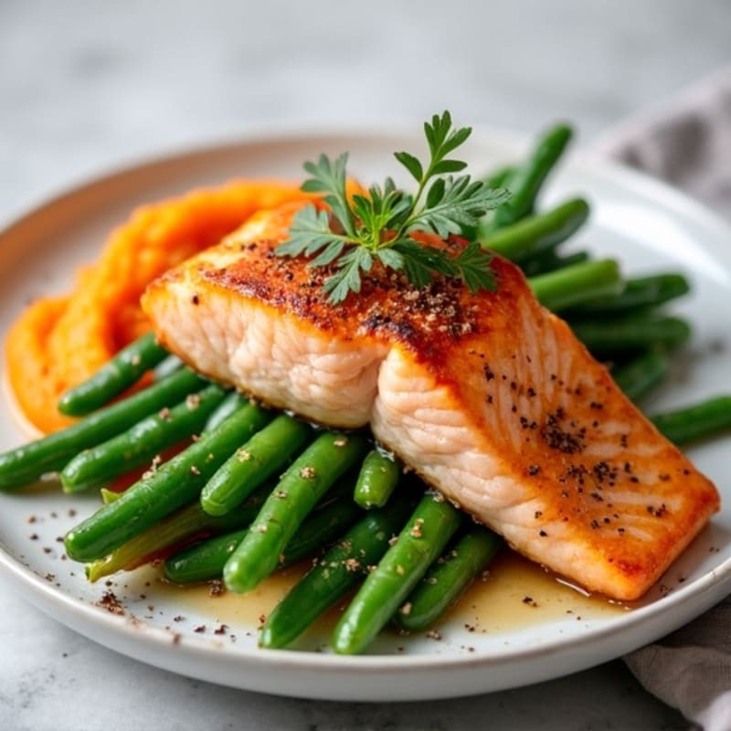 Seared Salmon with Steamed Green Beans and Sweet Potato Mash