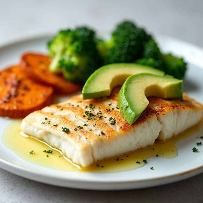 Baked Cod with Roasted Sweet Potatoes and Steamed Broccoli