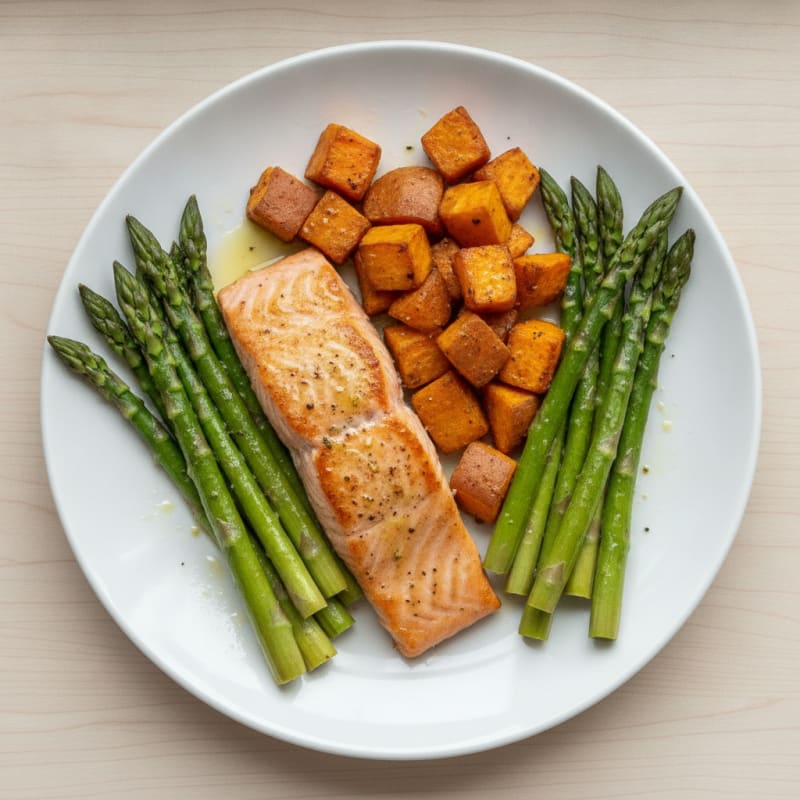 Seared Salmon with Roasted Sweet Potato and Asparagus