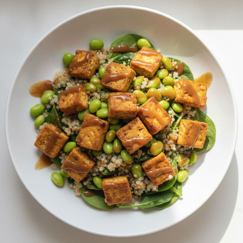 Crispy Tempeh and Edamame Power Bowl with Quinoa