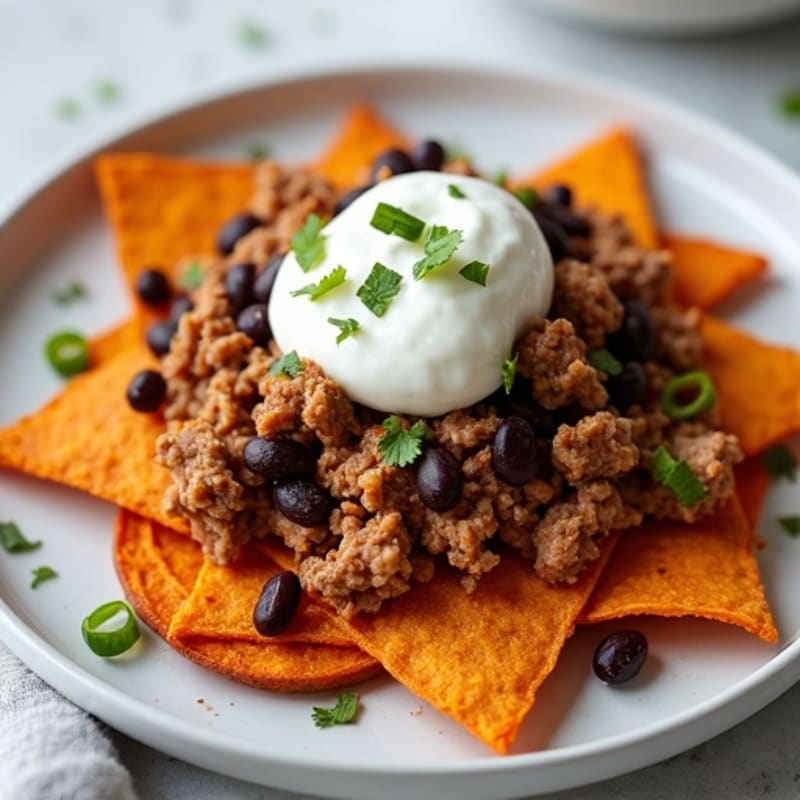 Crispy Sweet Potato Nachos with Lean Ground Turkey and Black Beans