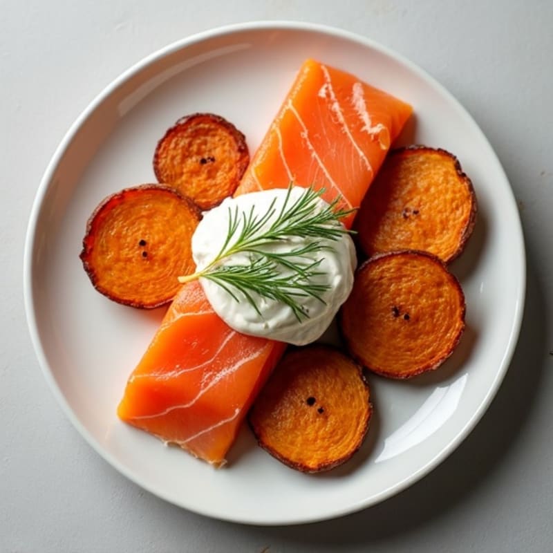 Smoked Salmon with Creamy Dill Spread and Crispy Sweet Potato Rounds