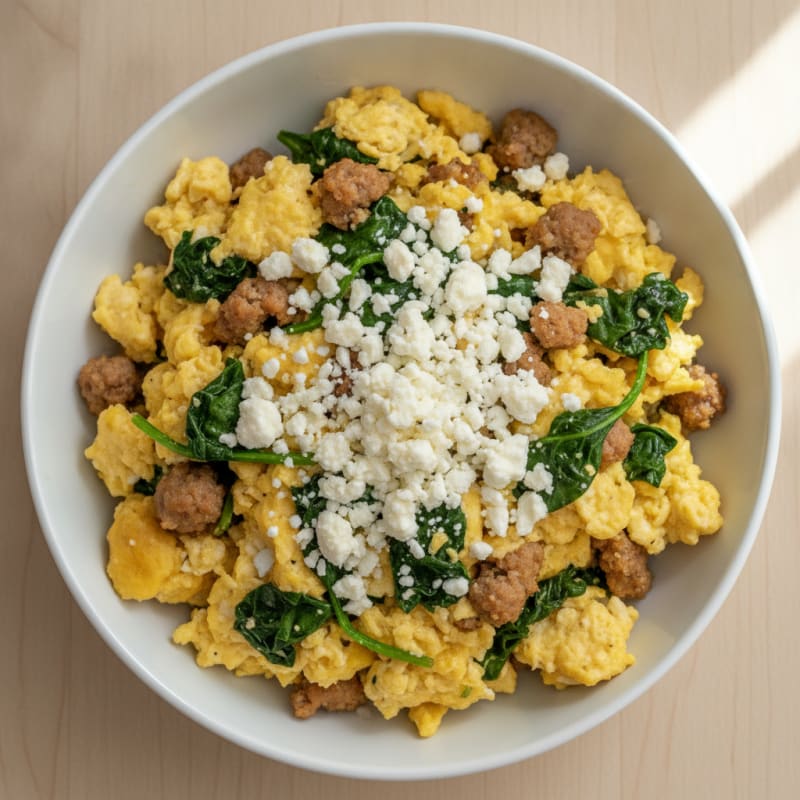 Scrambled Eggs with Turkey Sausage and Sautéed Spinach