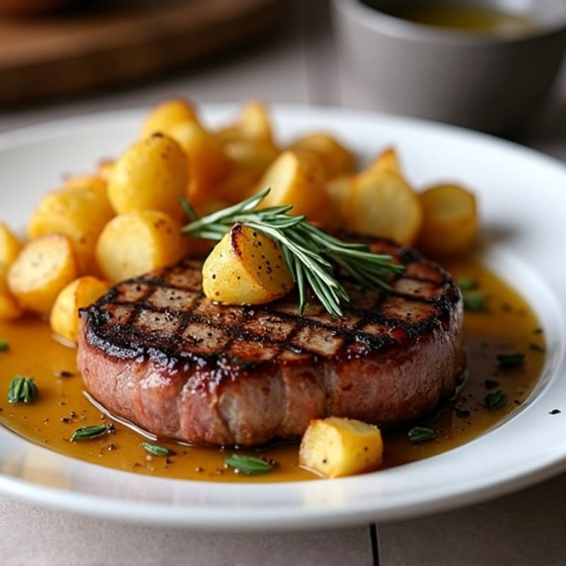 Tender Pan-Seared Steak with Crispy Garlic Roasted Potatoes