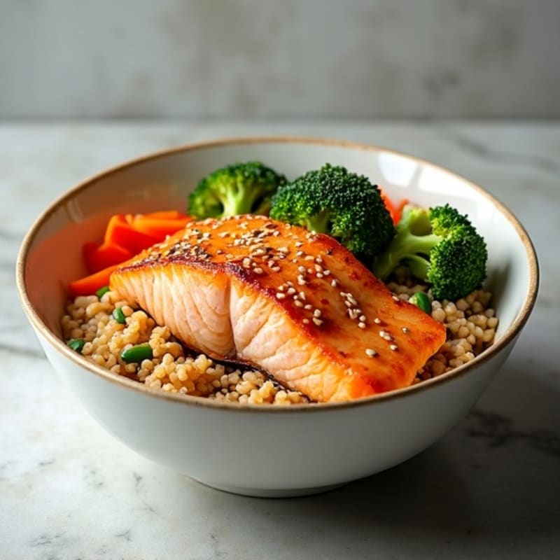 Sesame-Ginger Salmon Brown Rice Bowl with Crispy Vegetables