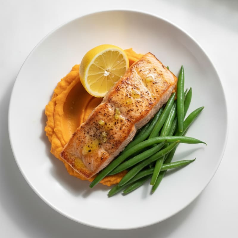 Seared Salmon with Steamed Green Beans and Sweet Potato Mash