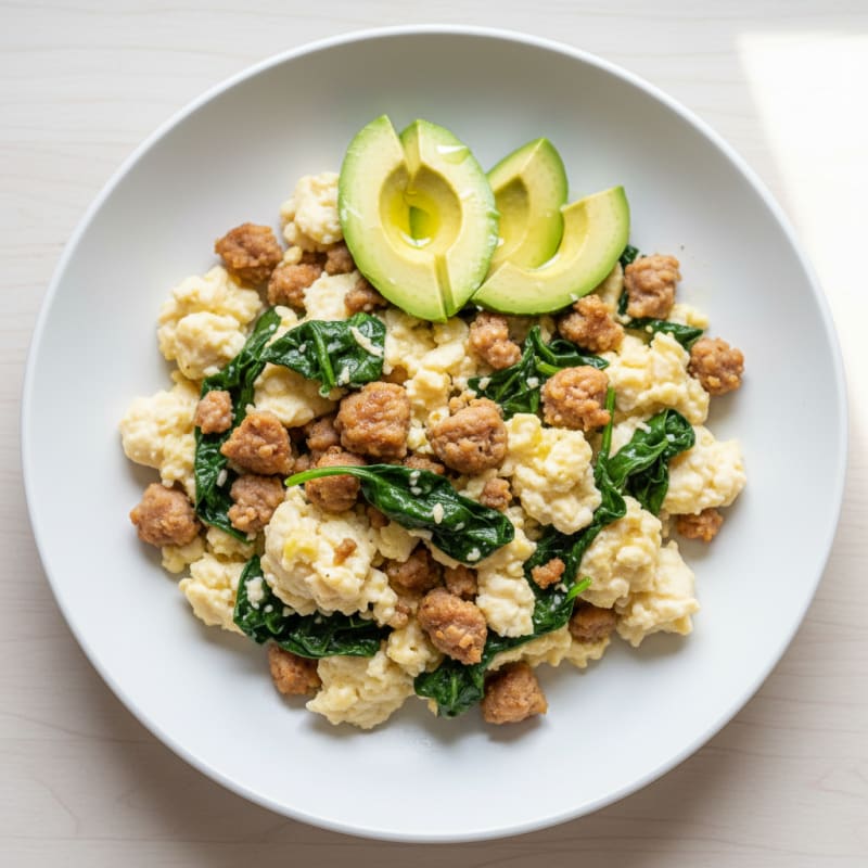 Egg White Scramble with Turkey Sausage and Sautéed Spinach