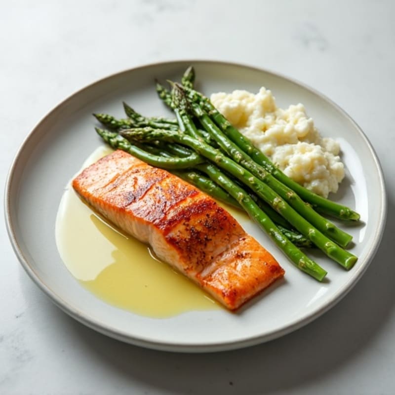 Seared Salmon with Steamed Asparagus and Cauliflower Mash
