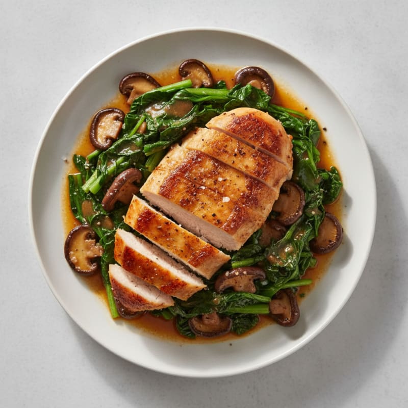 Pan-Seared Chicken with Sautéed Tatsoi and Mushrooms