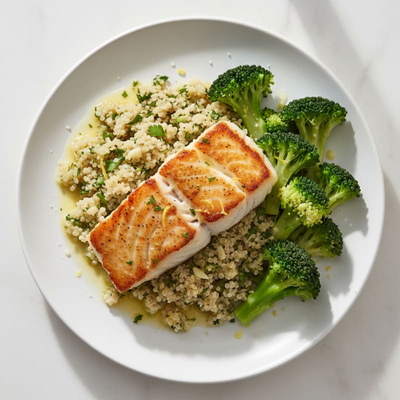 Seared Cod with Lemon Herb Quinoa and Steamed Broccoli