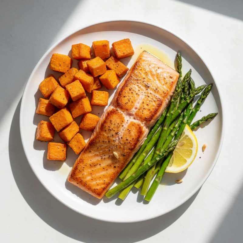 Seared Salmon with Roasted Sweet Potatoes and Asparagus
