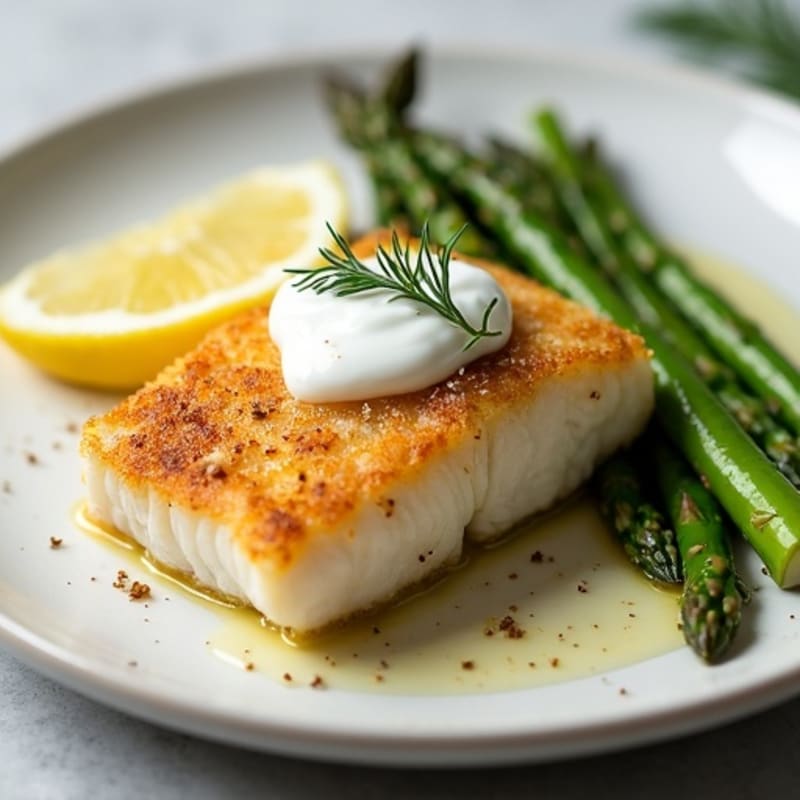 Crispy Pan-Seared Cod with Creamy Lemon-Dill Sauce and Roasted Asparagus