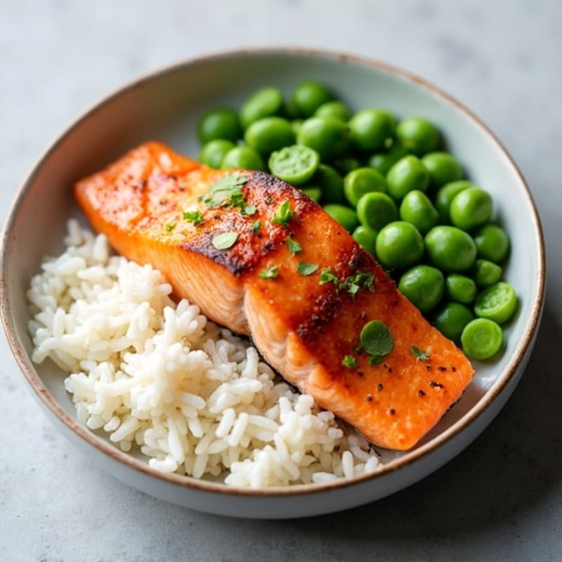 Crispy Pan-Seared Salmon with Steamed Edamame and Fluffy White Rice