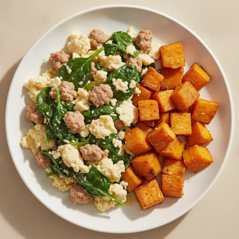 Egg White and Turkey Sausage Scramble with Spinach and Roasted Sweet Potato