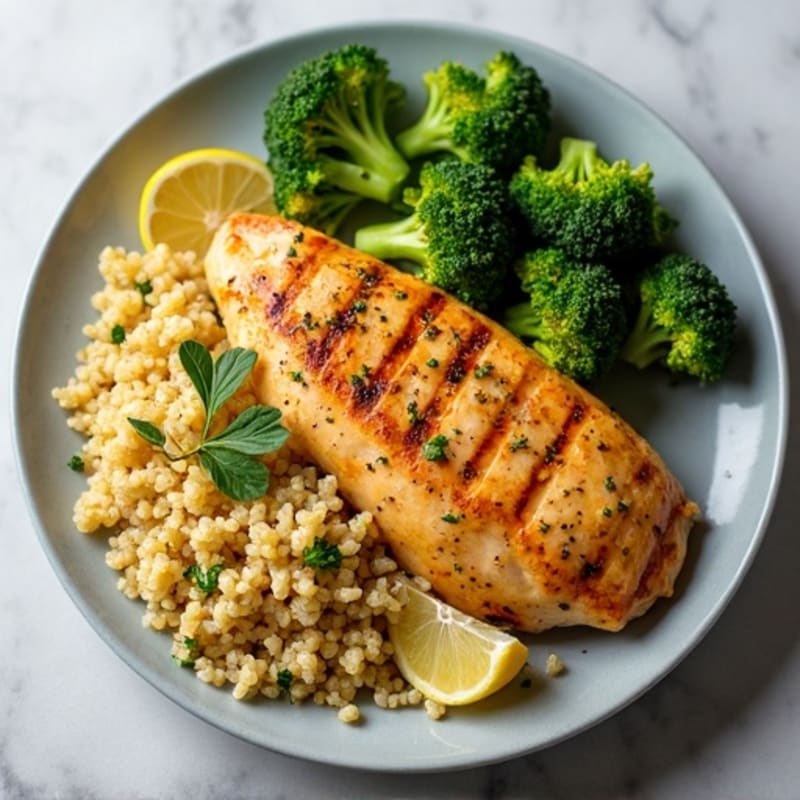 Grilled Lemon Garlic Chicken Breast with Quinoa and Roasted Broccoli