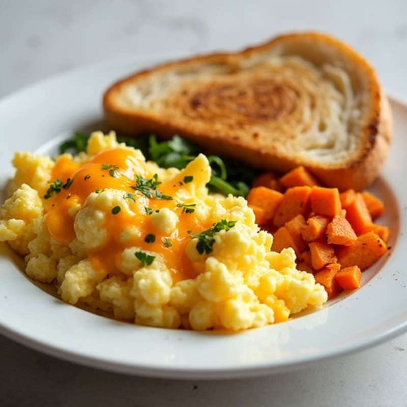 Fluffy Cheesy Scrambled Eggs with Crispy Sweet Potato Hash and Toasted Sourdough