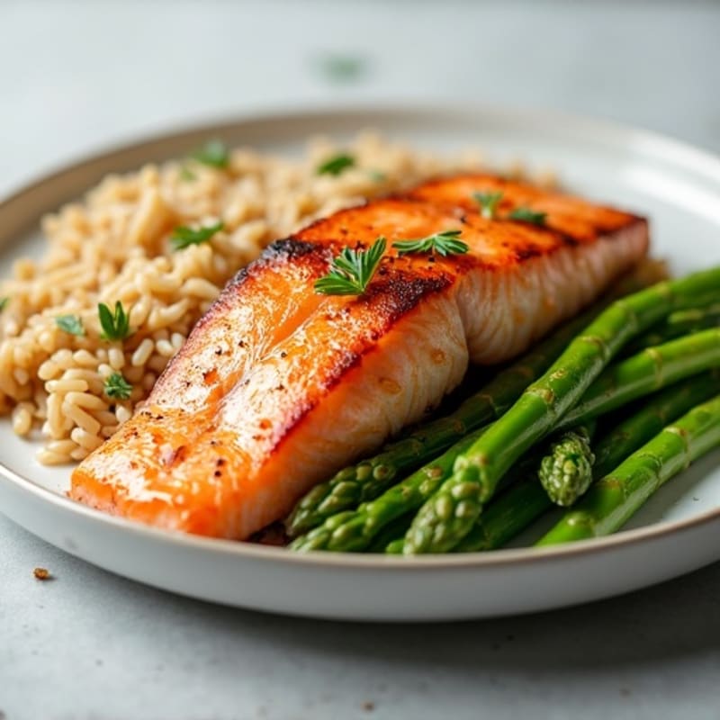 Seared Salmon with Steamed Asparagus and Brown Rice