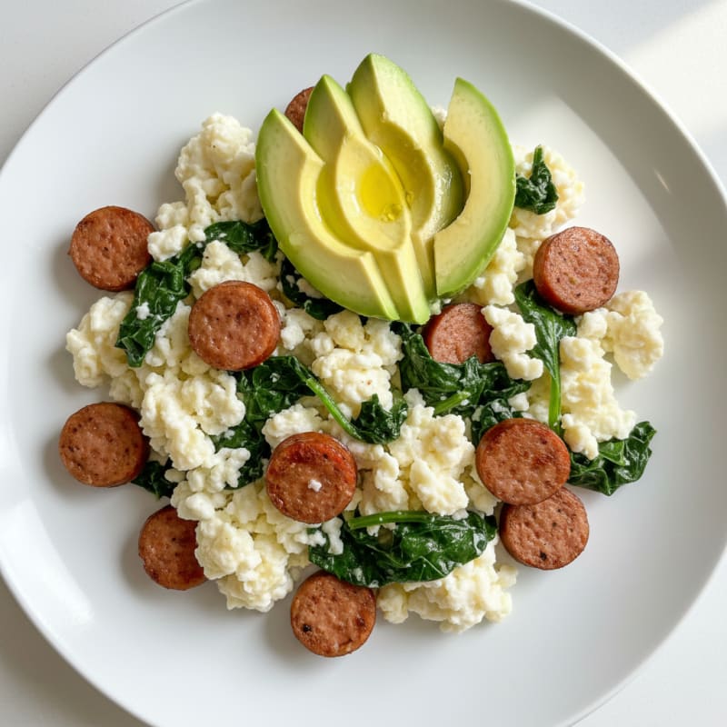 Egg White Scramble with Turkey Sausage and Sautéed Spinach