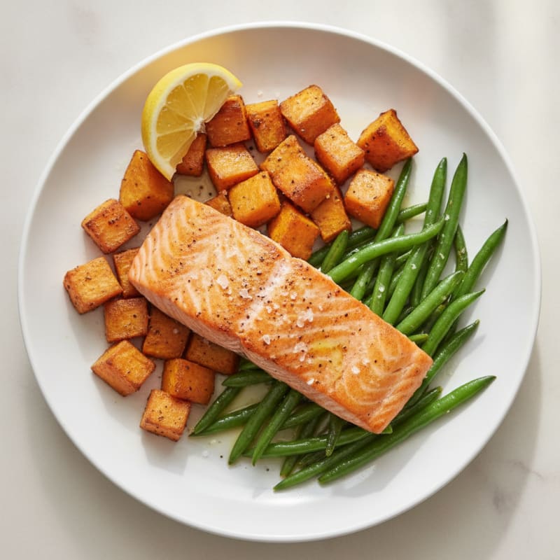 Seared Salmon with Roasted Sweet Potatoes and Green Beans