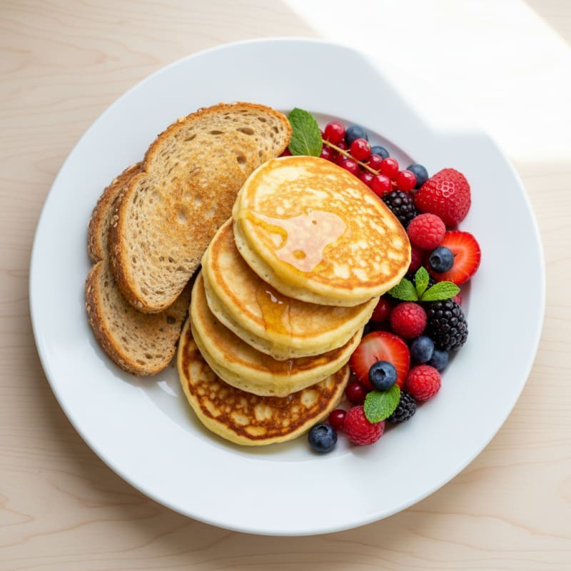 Egg and Cottage Cheese Protein Pancakes with Toast and Berries