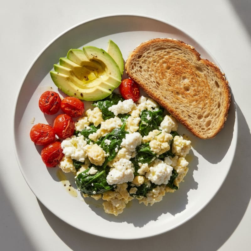 Egg White Spinach Scramble with Cottage Cheese and Cherry Tomatoes
