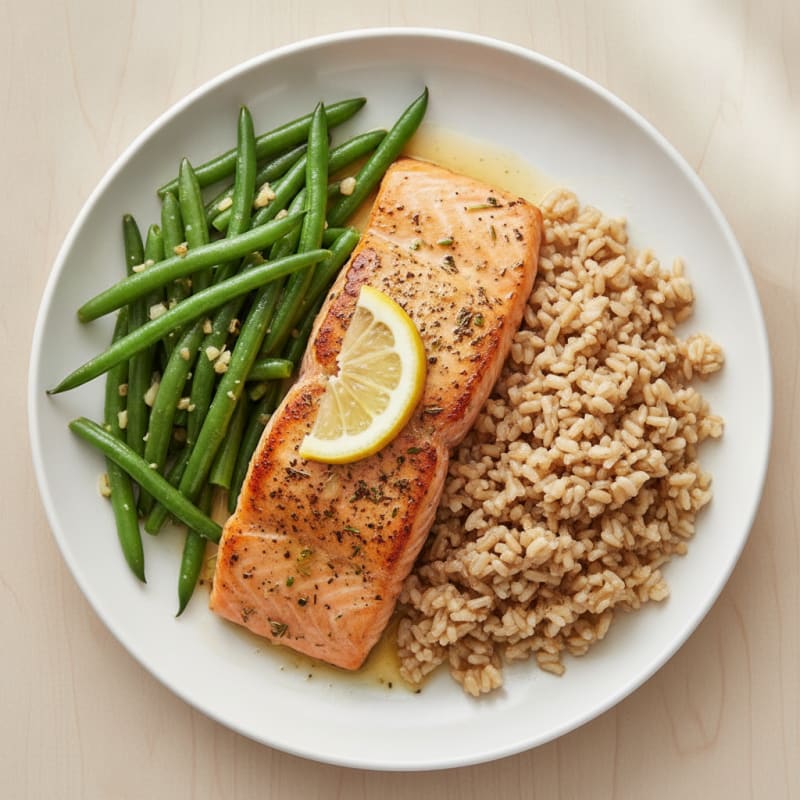 Seared Salmon Fillet with Garlic Green Beans and Brown Rice