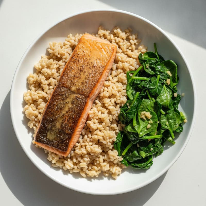 Seared Salmon with Steamed Brown Rice and Sautéed Spinach