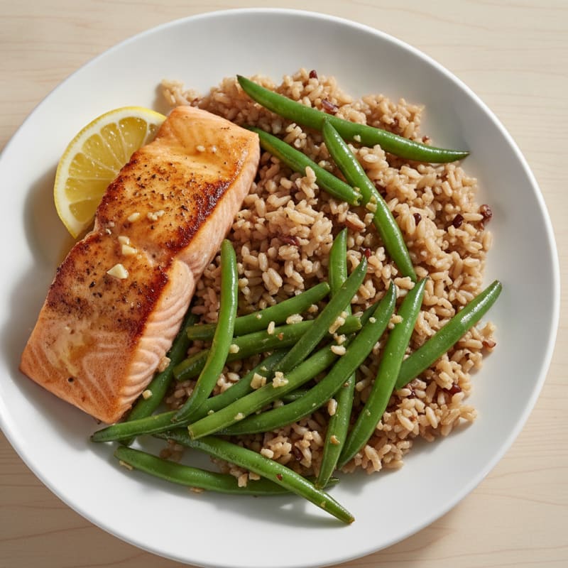 Seared Salmon with Garlic Green Beans and Brown Rice