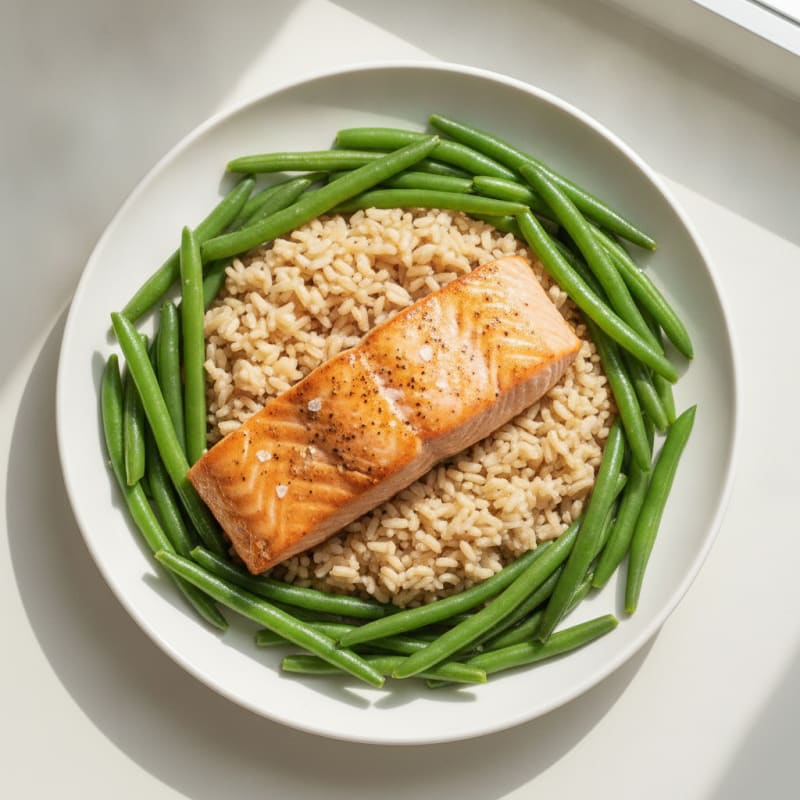 Seared Salmon Fillet with Steamed Green Beans and Brown Rice