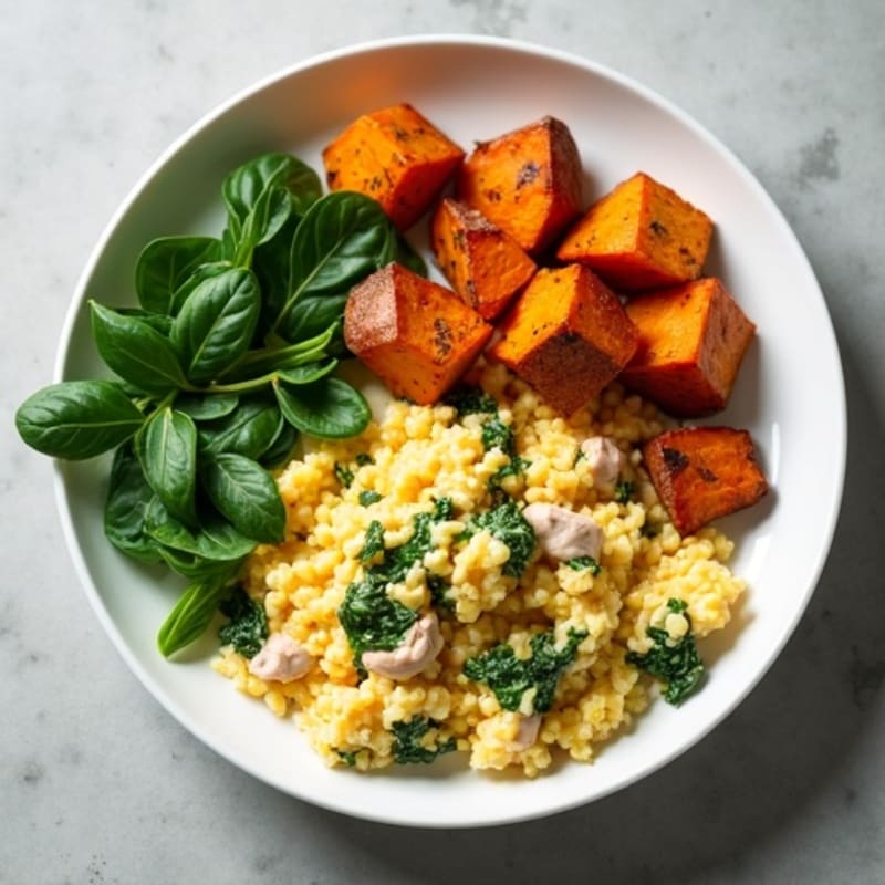 Egg White and Turkey Spinach Scramble with Roasted Sweet Potatoes